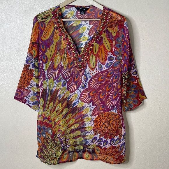 Zury Shirt Women's Small V- neck Beach Cover 3/4 sleeve Peacock Print - Picture 1 of 9